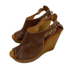 Sbicca Vintage Collection Leather Wood Platform Heel Wedge Slingback Peep Toe
